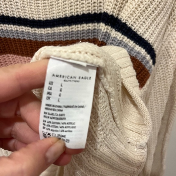 American Eagle Knit Sweater Ivory  w/ Pink Brown Gray Stripe Boxy SOFT  Womens L - Picture 4 of 4